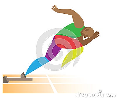 African American sprinter start at a distance of 100 meters Vector Illustration