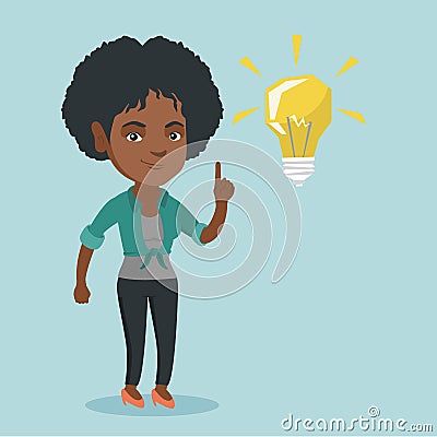 Young african student pointing at idea lightbulb. Vector Illustration