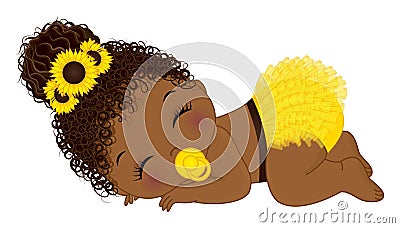 African American Sunflower Baby Girl with Pacifier Vector Illustration