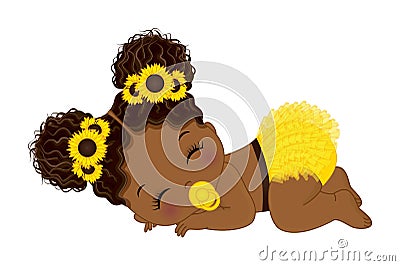 African American Sunflower Baby Girl with Pacifier Vector Illustration