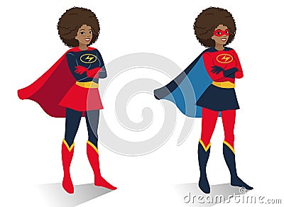 African American superhero woman in costume and mask standing Cartoon Illustration