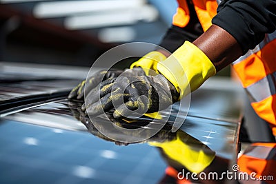 African American technician working on a rooftop solar installation Stock Photo