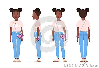 African American teenage girl or teenager wearing blue ragged jeans, pink t-shirt and sneakers. Flat cartoon character Vector Illustration