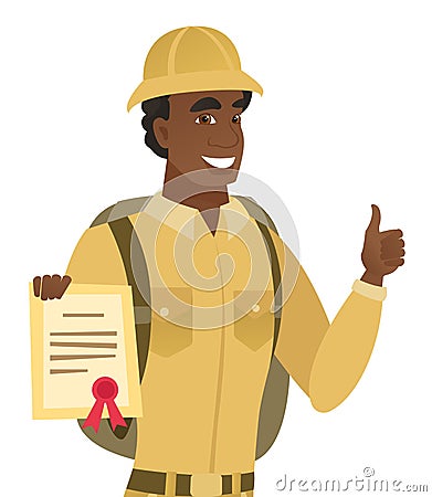 African-american traveler holding a certificate. Vector Illustration