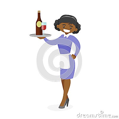 African-american waitress holding tray with wine. Vector Illustration