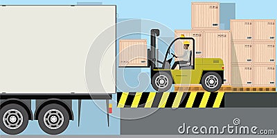 African american warehouse worker loading wooden boxes in long truck.Stack of boxes Vector Illustration