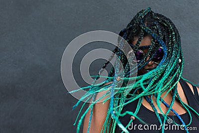 African American Woman with Beautiful Teal Green Blue Braids Stock Photo