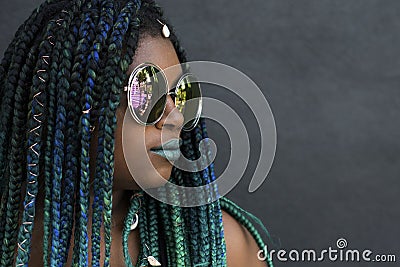 African American Woman with Beautiful Teal Green Blue Braids Stock Photo