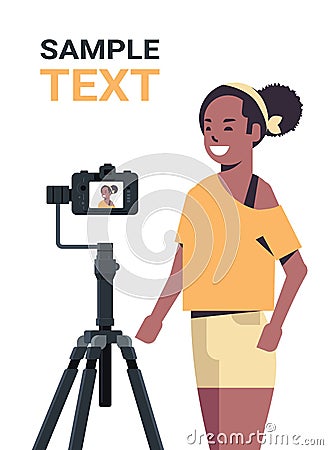 African american woman blogger recording video blog with digital camera on tripod live streaming social media blogging Vector Illustration