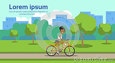 African american woman cycling city park green lawn trees template landscape background copy space horizontal flat Vector Illustration