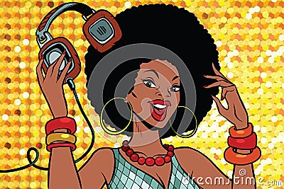 African American woman DJ with headphones Vector Illustration