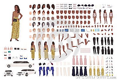 African American woman in evening dress constructor kit or character generator. Set of body parts, elegant clothes and Vector Illustration