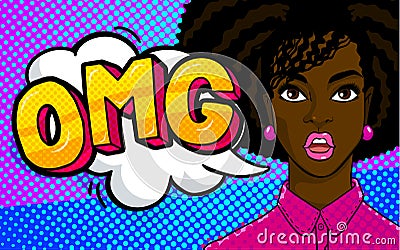 African american woman face in pop art style. Vector Illustration