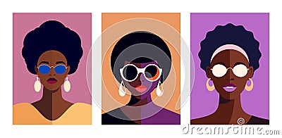 African American woman fashion pop art pastel color portrait minimal poster set vector flat Vector Illustration