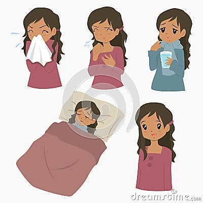 African American Woman Having Flu Sickness Cartoon Vector Set Vector Illustration