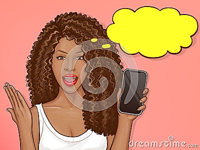 African american woman holds smartphone Vector Illustration