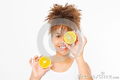 African american woman isolated on white background. Afro girl and diet concept. Copy space. Mock up. Skin care, spa and make up Stock Photo