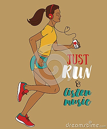 african american woman jogging and listen music Vector Illustration