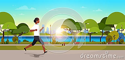 African american woman jogging outdoors modern public park girl headphones running sport activity concept cityscape Vector Illustration