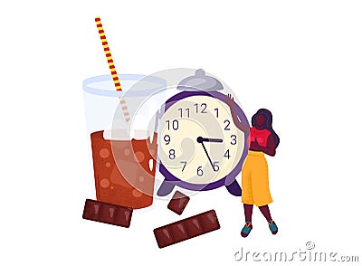 African American woman leaning on a giant alarm clock, soda with straw, chocolate bars. Time management and lifestyle Vector Illustration