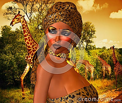 African American Woman in Leopard Print Fashion with Beautiful Cosmetics and Head Scarf. Stock Photo