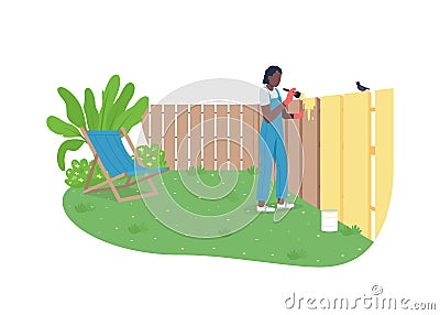 African american woman painting garden fence flat color vector faceless character Cartoon Illustration