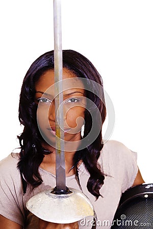 African American Woman With Rapier Sword Salute Stock Photo