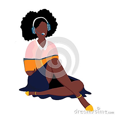 African American woman is reading a book. Girl with headphones. Remote Learning Concept. Isolated on white Vector Illustration