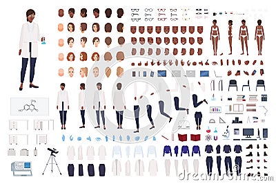 African American woman scientist or scientific worker constructor set or DIY kit. Collection of female body parts and Vector Illustration