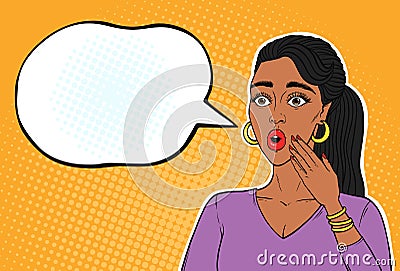 African American woman shocked face with open mouth and starry eyes, sketch in pop art retro comic style Vector Illustration