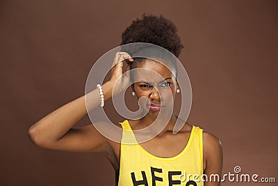 African American woman shows emotion with facial features Stock Photo
