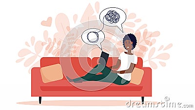 African american woman sitting on sofa with laptop on online psychological consultation. Concept of online psychotherapy Vector Illustration