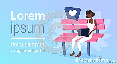 African american woman sitting wooden bench using laptop online social media communication concept chat bubble heart Vector Illustration