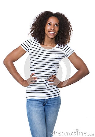 African american woman smiling and looking up Stock Photo