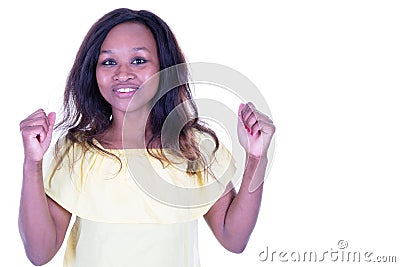 African american woman victory shows success gesture triumphs isolated over white background Stock Photo