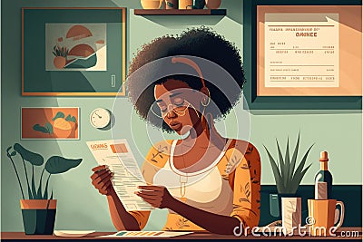 African American woman worried for paying bills Cartoon Illustration