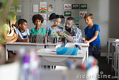 African american young male teacher showing plants to multiracial elementary students in class Stock Photo
