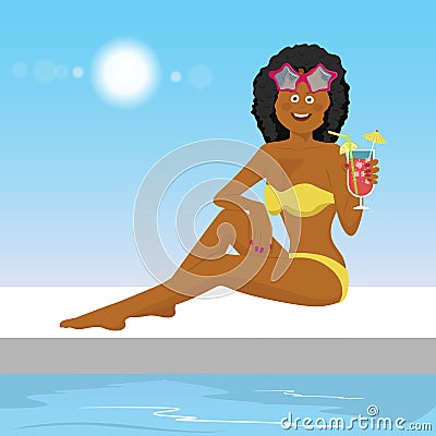 African american young woman sitting on the edge of swimming pool with cocktail Vector Illustration