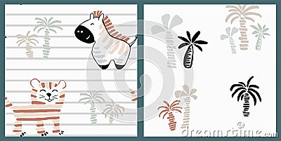 African animal baby cute summer seamless pattern. Sweet zebra, tiger print. Vector Illustration