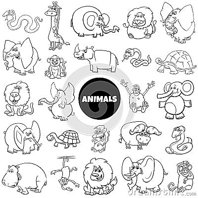 African animal characters large set color book page Vector Illustration