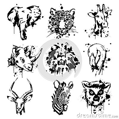 African animal lemur elephant leopard giraffe lion Flamingo antelope and Zebra Vector Illustration