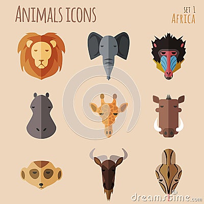 African Animal Portrait Set with Flat Design Vector Illustration
