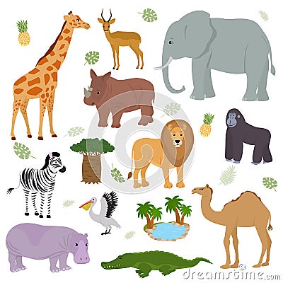 African animal vector wild animalistic character elephant giraffe gorilla mammal in wildlife Africa illustration set of Vector Illustration