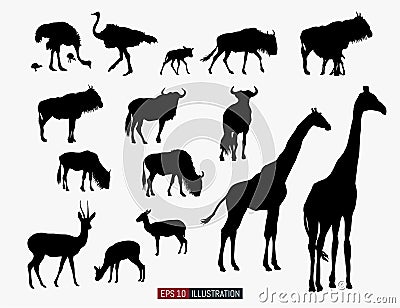 African animals silhouettes set. Ostrich, giraffe, antelope, wildebeest. Template for your design works. Vector Illustration