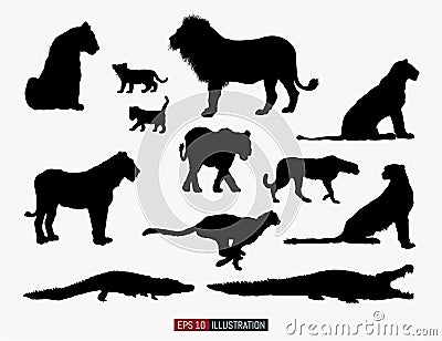 African animals silhouettes set. Lion, cheetah, crocodile. Template for your design works. Vector Illustration