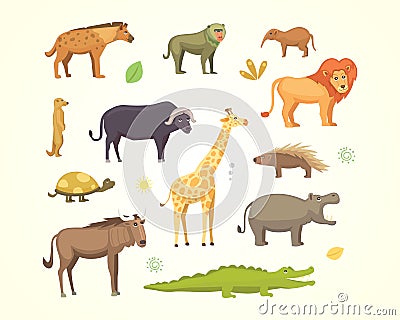 African animals cartoon vector set. elephant, rhino, giraffe, cheetah, zebra, hyena, lion, hippo, crocodile, gorila and Vector Illustration