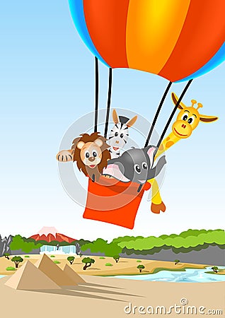 African animals in hot air balloon Vector Illustration