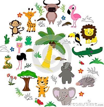 African animals roun set with trees and leaves. Vector illustration. Cartoon style Vector Illustration