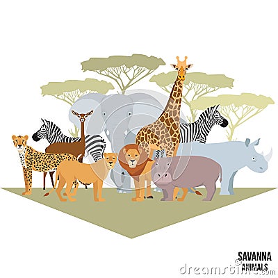 African animals of savanna elephant, rhino, giraffe, cheetah, zebra, lion, hippo isolated cartoon vector illustration Vector Illustration