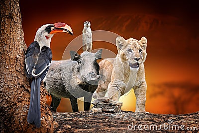 African animals on savanna landscape background and Mount Kilimanjaro at sunset Stock Photo